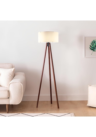 Homing Yuvarlak Kumaş Silindir Başlık Ahşap Üç Ayaklı Lambader Krem