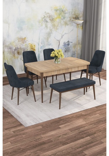 Mona Meşe 80x132 Açılabilir Mdf Masa Yemek Odası Takımı, Mutfak Takımı 4 Sandalye, 1 Bench Meşe Masa - 4+1 Antrasit - Ceviz Ayak
