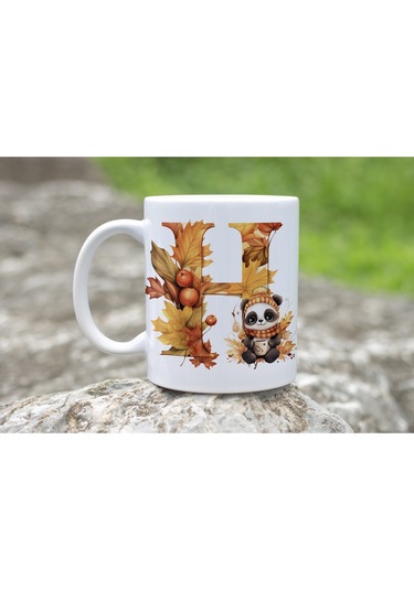 H Harf Sonbahar Yaprak Temalı Kupa Bardak - Sevimli Figürler İle Alfabe Harfli Bardak - Kişiye Özel Beyaz