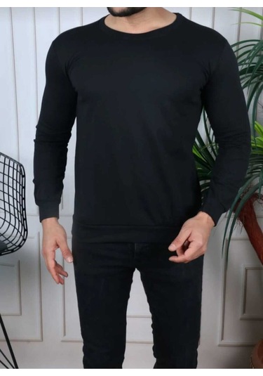 Unisex Bisiklet Yaka Basic Düz Sweatshirt Siyah