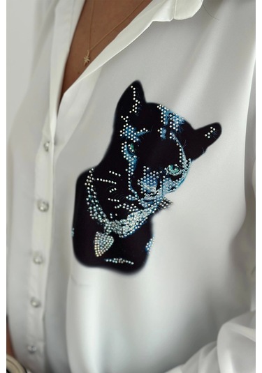 Jaguar Desen Baskılı Taşlı Gömlek Beyaz