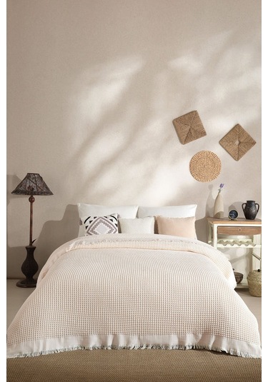 Elart Ruffle Pike Çift Kişilik 220x240 Cm Krem Krem