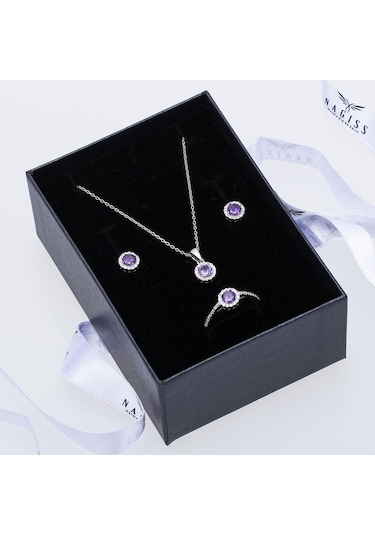 Mor Zirkon Taşlı 925 Ayar Gümüş Kadın Üçlü Tektaş Set