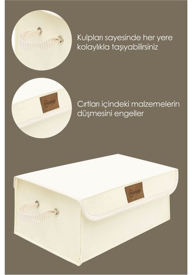Mordesign Saklama Kutusu, Dolap Içi Çamaşır/oyuncak Düzenleyici, Yenidoğan Için Kapaklı Keçe Organizer Krem-kahve Ekose