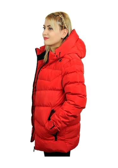 Freemen Kadın Kırmızı Kapüşonlu Polarlı Kürklü Su Geçirmez Rüzgara Dayanıklı Şişme Mont Kırmızı