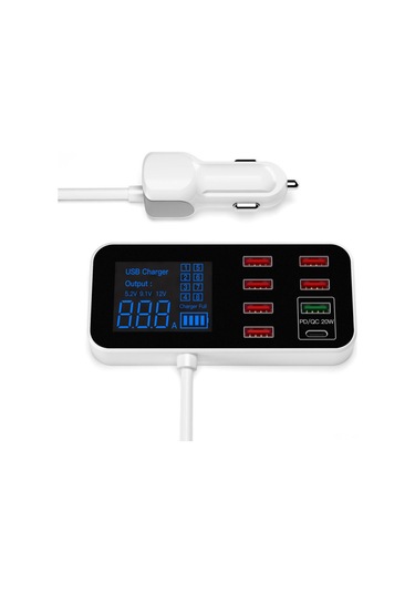 Honmex A9s 8 Usb Port Araç Şarj Cihazı 12v-24v 40w Maksimum Lcd Voltaj Akım Gösterge Telefon Tablet Dvr Uyumlu Beyaz-siyah
