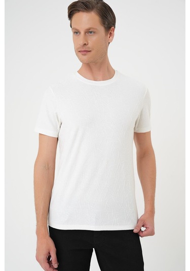 Comfort Fit Bisiklet Yaka Kabartma Desenli Casual Ekru Tişört Ts 899 Ekru