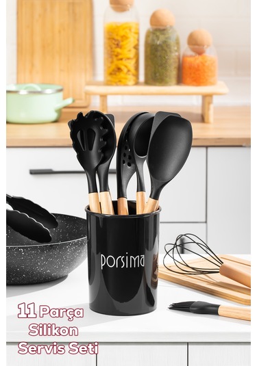 Porsima 3165 Standlı Bambu Silikon 11 Parça Servis Takımı Seti Siyah