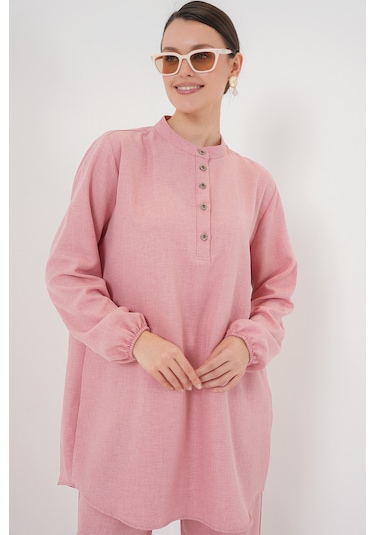 Bigdart 6678 Keten Tunik Pantolon İkili Takım - Pembe