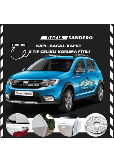 Dacia Sandero Oto Araç Kapı Koruma Fitili 5 Metre Parlak Beyaz Renk
