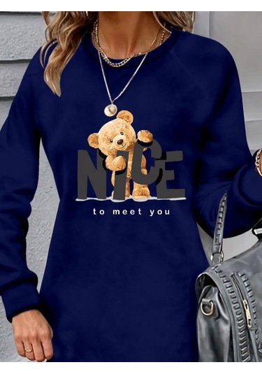 Kadın Uzun Kollu Bisiklet Yaka Ayı Desenli Viskon Iki Iplik Elbise Lacivert