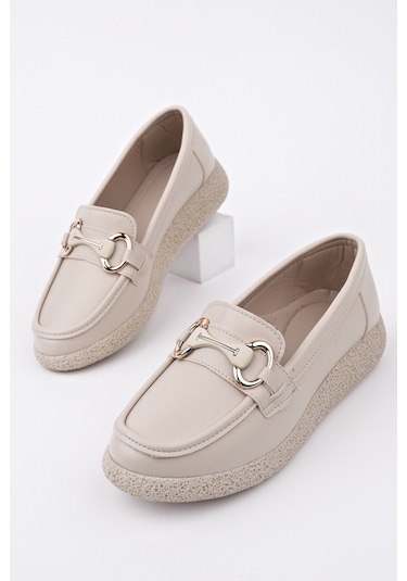 Muggo Polara Kalın Taban Toka Detaylı Kadın Günlük Loafer Ayakkabı Ten Cilt