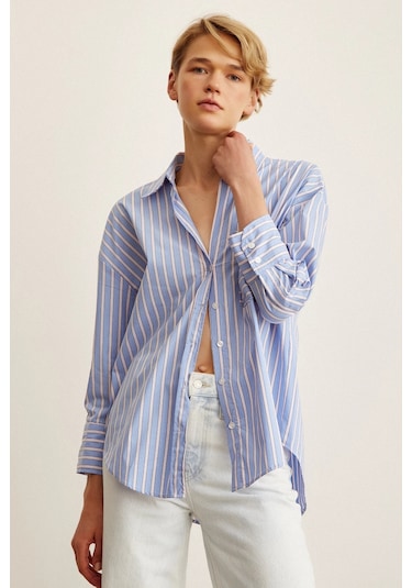 Trendquel Çizgili Poplin Gömlek Mavi Mavi