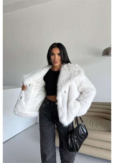 Neşeli Butik Kadın İçi Astarlı İthal Kürk Kaban Nbg111 Ekru