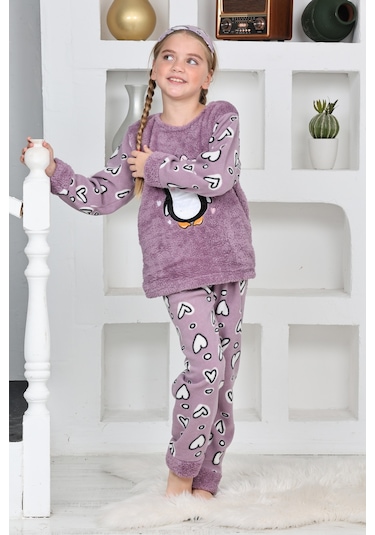 Kız Çocuk Peluş Kumaş-göz Bantlı Penguenli Pijama Takımı 12281 Lila