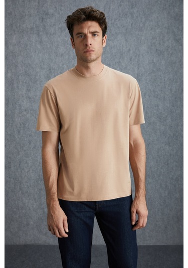 Solo Erkek %100 Organik Pamuklu Kalın Dokulu Comfort Fit Bisiklet Yakalı Bej T-shirt