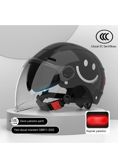 Yy SQ668 Kulak Muhafızları Çift Ayna Kuyruk Işık Açık Motosiklet Kaskı Siyah