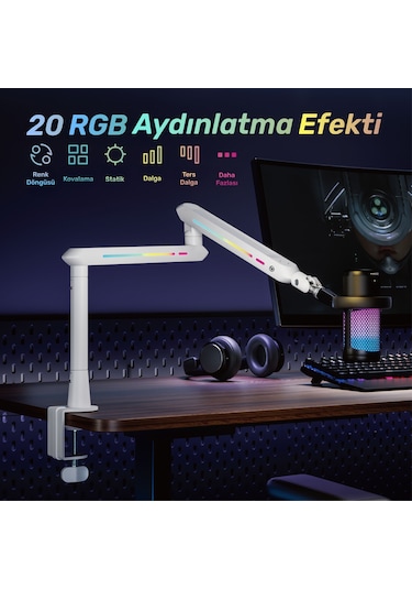Npo Std191lw Elysium Profesyonel Rgb Işıklı Amortisörlü Yayıncı Stüdyo Mikrofon Kolu