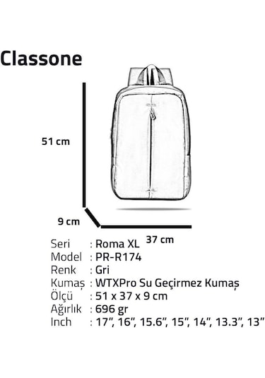 Classone PR-R174 Roma Serisi Su Geçirmez Kumaş 17" Laptop ,Notebo