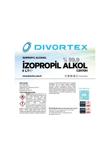 Divortex Ipa Izopropil Alkol C3H70H % 99.9 Saflık 5 Lt. 3.94 Kg