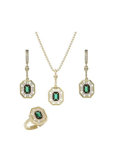 Yeşil Zirkon Taşlı Gold Rengi 925 Ayar Gümüş Kadın 3'lü Set Gold