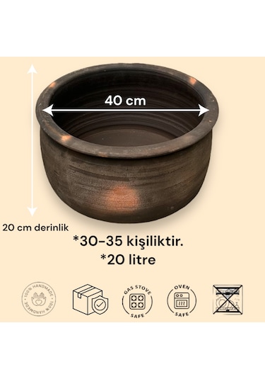 Doğal Toprak Kuzuluk Güveç Tencere 35-40 Kişilik 20 Litre 40x20 C Kahverengi
