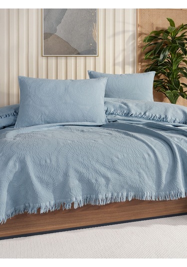 Jakar Daire Çift Kişilik Yatak Örtüsü Seti Açık Mavi Kutulu Mavi