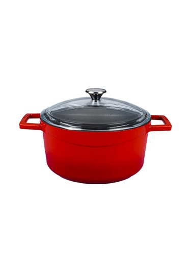 Lava Döküm Yuvarlak Tencere Çap Ø 24cm. Cam Kapaklı. Glaze Kırmızı Kırmızı