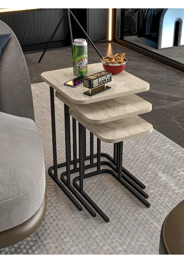 Zigon Sehpa Metal Ayak 3'lü Koltuk Yan Sehpa Zino Traverten Çok Renkli