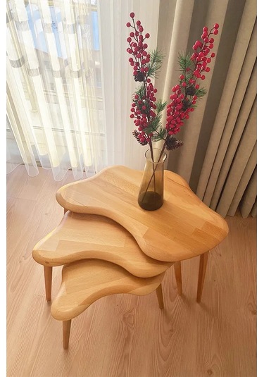 Fawdecor Asimetrik Naturel Masif Doğal Ahşap Zigon Sehpa 3'lü Set
