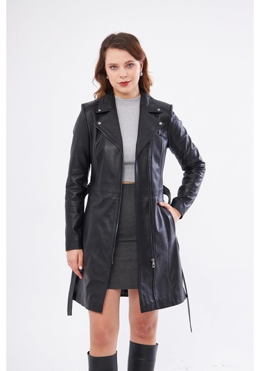 Derinss Dka2391 Hakiki Deri Kadın Siyah Pardesü 001