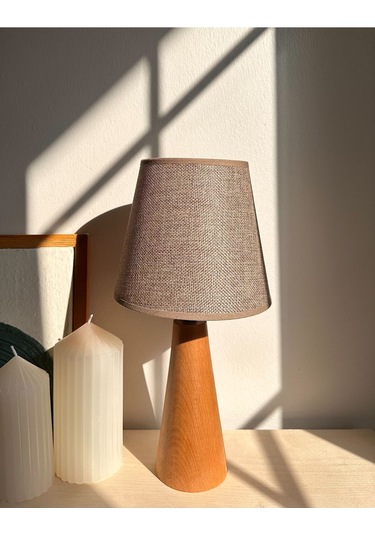 Bohem Ahşap Ayaklı Konik Abajur - Vizon Vizon