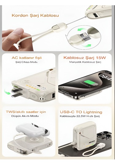 5'in 1 Pd 22.5w Hızlı Şarj Powerbank - 10000mah, Kablolu Ve Kablosuz Standlı Çoklu Fişli Şarj Cihazı Bej