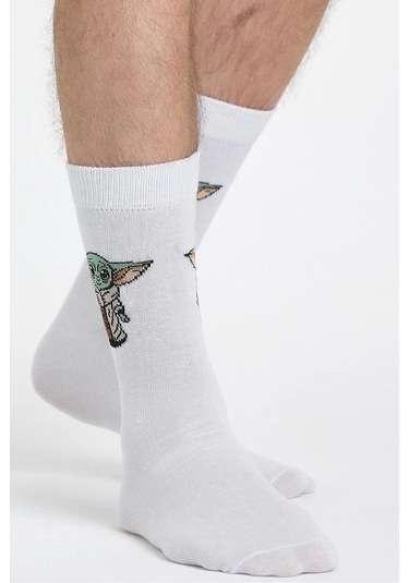 Erkek Pamuklu Özel Desenli Dikişsiz Yumuşak Dokulu Terletmez Rahat Esnek Soket Çorap Beyaz-yoda
