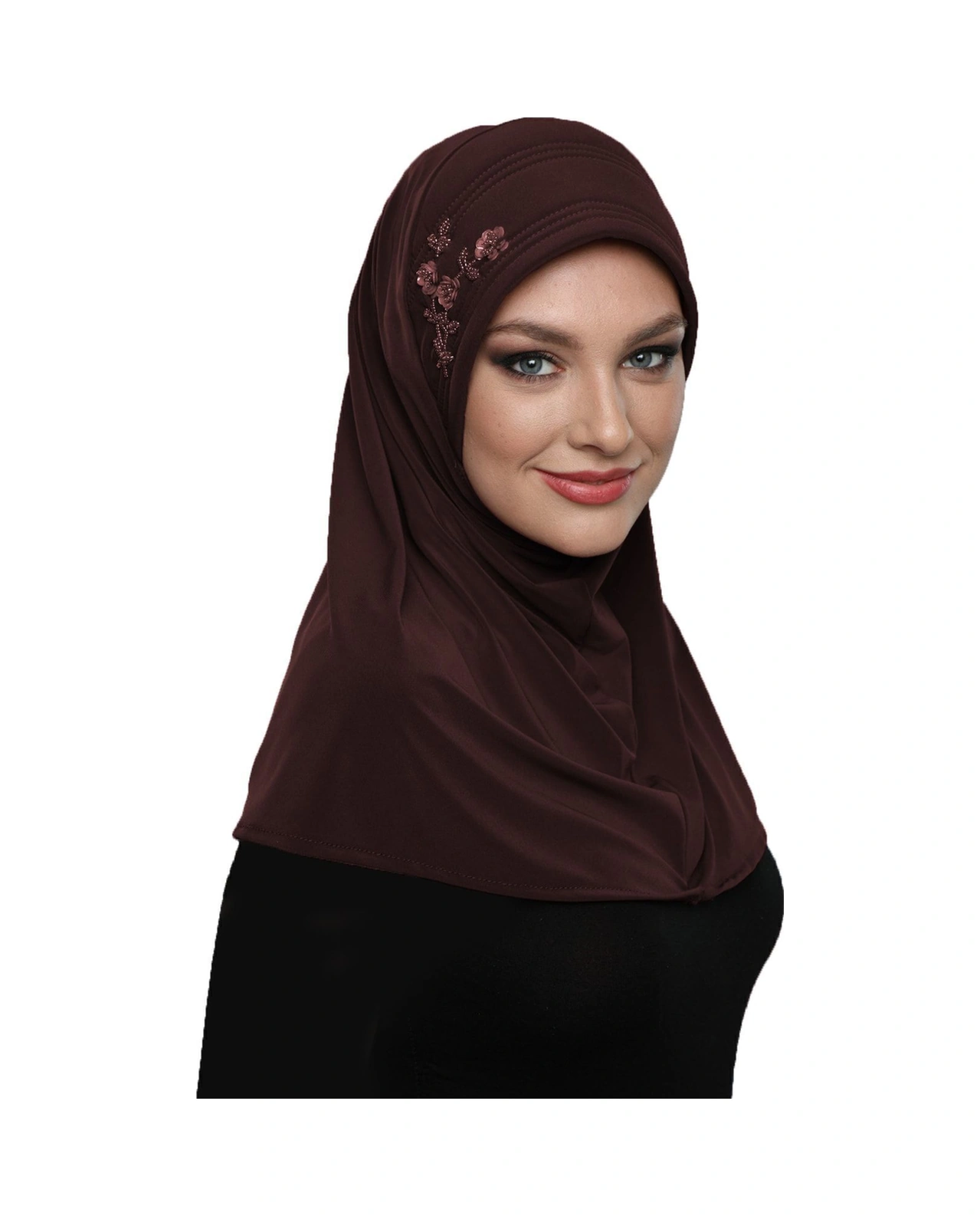 Takmatik Taşlı El Işi Boncuk Işlemeli Kahve Hazır Türban Tesettür Bone Namaz Örtüsü Kahve