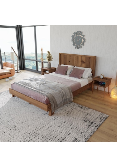 Hüma Model Ceviz Renk Çam Ahşap Karyola Ve İki Komodin Set Dikey -281 200 x 200 CM