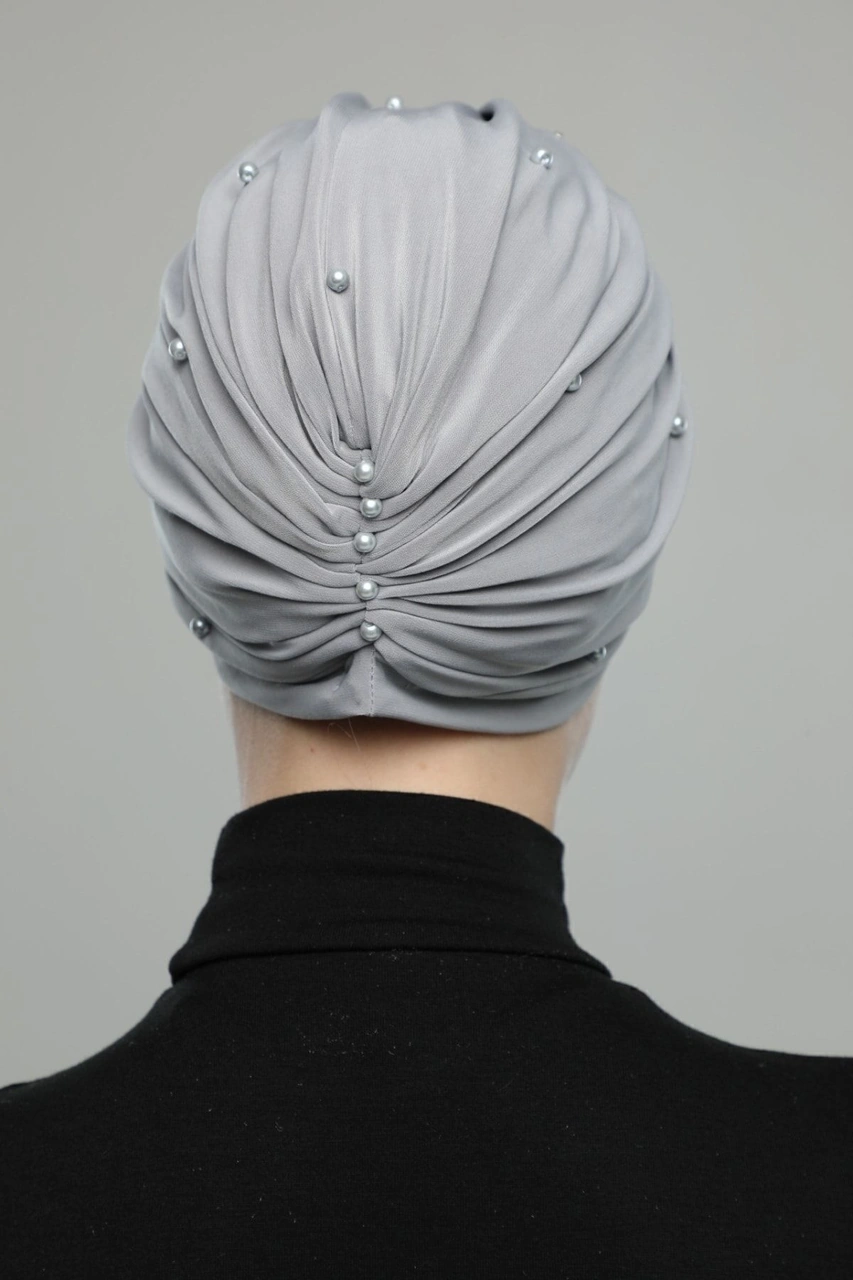 Kopma Motifli Astarlı Işlemeli Açık Gri Dantelli Hazır Türban Tesettür Abiye Bone Açık Gri Dantel