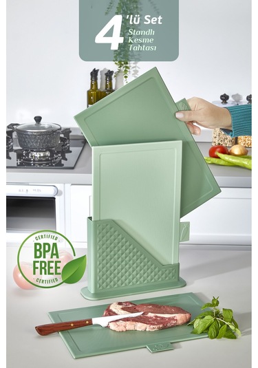 4'lü Tezgah Üstü Dikey Standlı Kesme Tahtası - Çoklu Doğrama Tahtası Ekmek Sebze Et Kesim Panosu Yeşil