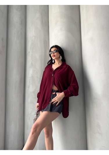 Paw Garage Kadın Flory Ayrobin Oversize Tek Cep Gömlek Bordo