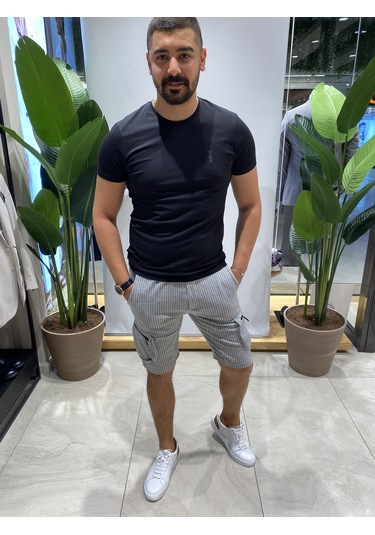 Back Eliesar Elitegri Çizgili Cepli Şort Gri Melanj