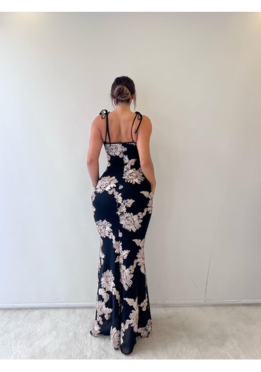 Siyah Bej Ayarlanabilir Askılı Çiçekli Siyah Bej