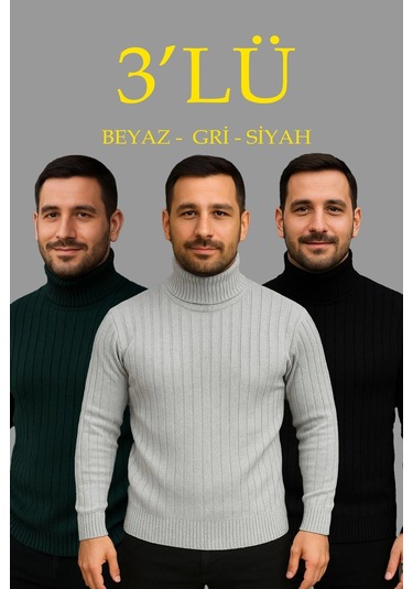 Erkek Fitilli Triko Kazak 3'lü Set Gri Haki Siyah Regular Balıkcı Yaka Tam Boğazlı Triko Seti Modeli Haki Siyah Gri