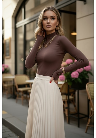 %95 Pamuklu Parmak Geçmeli Kadın Body Esnek Kumaş Kahverengi