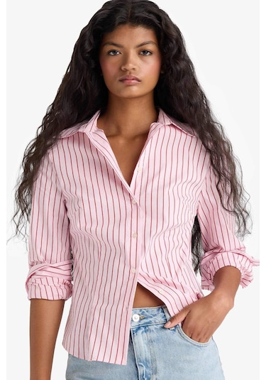 Defacto Fitted Gömlek Yaka Çizgili Poplin Uzun Kollu Gömlek F9209ax25aupn447 Pembe