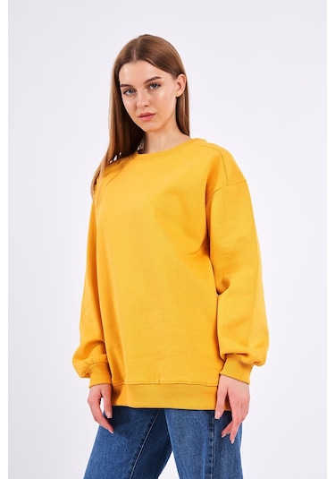 MMetalic Sarı Kadın Pamuklu Oversize Basic Bisiklet Yaka Sweatshirt Sarı