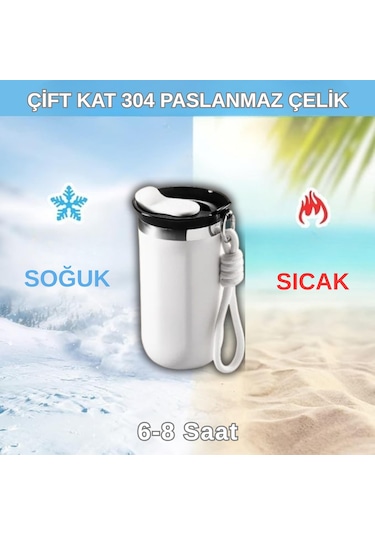350 Ml Paslanmaz Çelik Bardak Termos, Çift Katmanlı, Sızdırmaz Kapaklı Krem