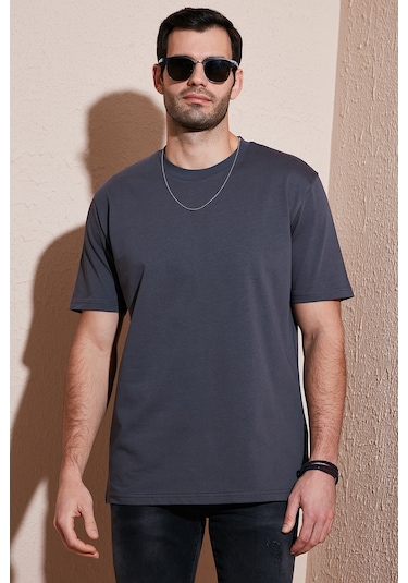 Buratti Pamuklu Relaxed Fit Sıfır Yaka Erkek T Shirt 5905446 Koyu Antrasit