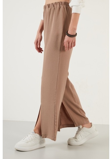 Lela Elastik Bel Bantlı Yırtmaçlı Rahat Kesim Bayan Pantolon 6057038 Vizon
