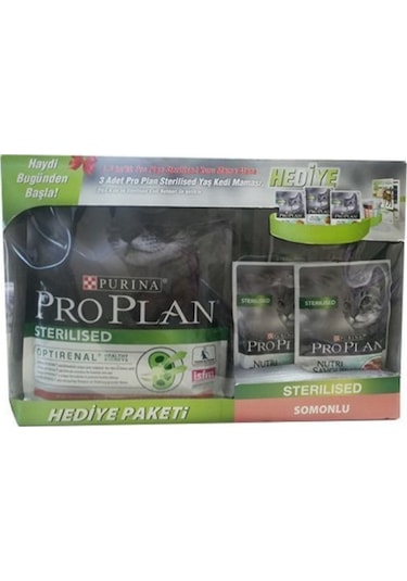 Purina Pro Plan Sterilised Somonlu Kedi Maması 1500 G + Pro Plan Nutri Savour Balıklı Yaş Mama 3 x 85 G + Ölçü Kabı