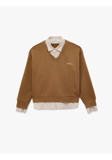 Koton Şardonlu Uzun Kollu Gömlek Yaka Rahat Kalıp Nakışlı Sweatshirt Vizon 6sal10558ık